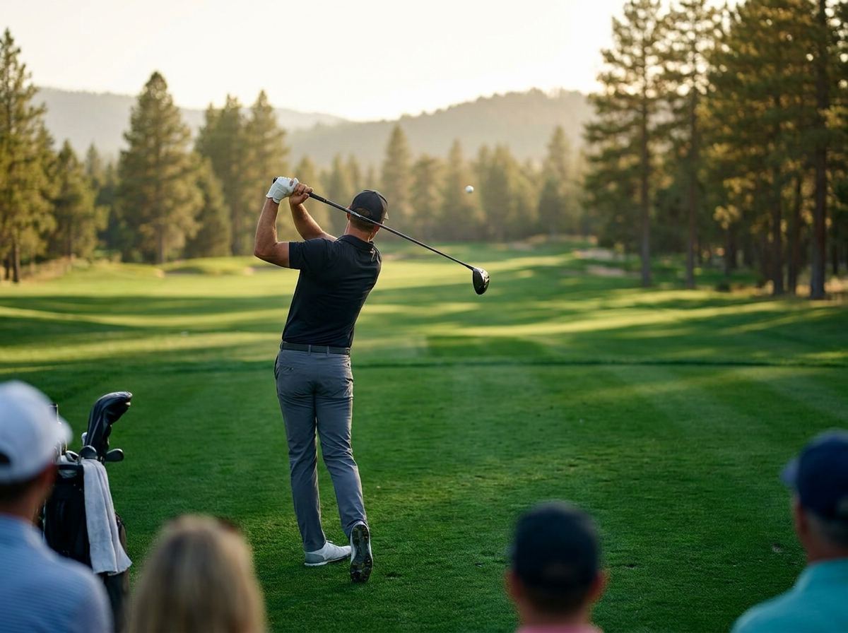 Golfer mid-swing on a fairway